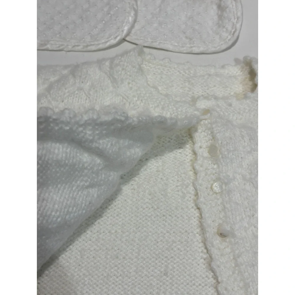 VTG Handmade Knit Baby Set NB White Vintage Style Cardigan Bonnet Booties Bib